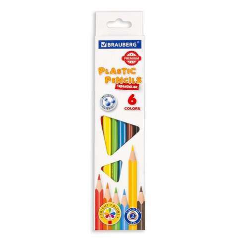 Карандаши цветные пластиковые BRAUBERG PREMIUM, 6 цветов, трехгранные, грифель мягкий 3 мм - фото 5967